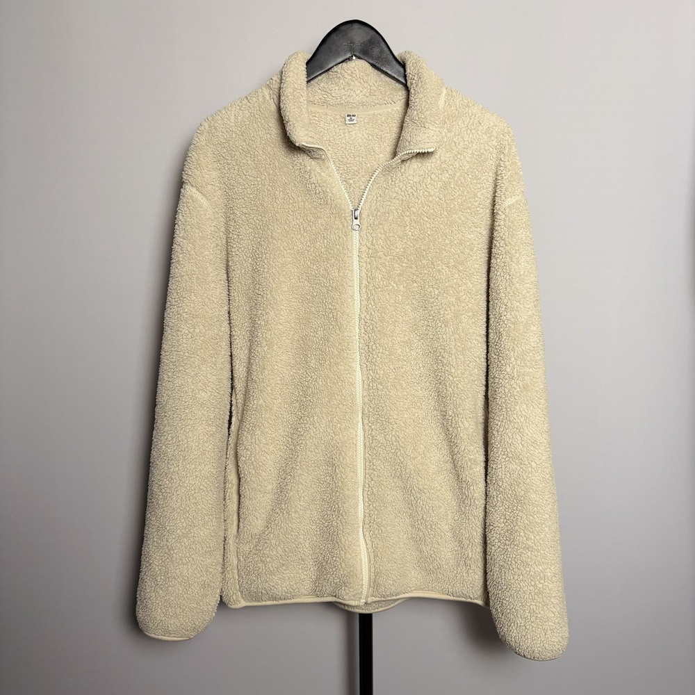 Uniqlo Full Zip Sherpa Fleece Jacket Women's Beige Size XL Teddy Fluffy Pile